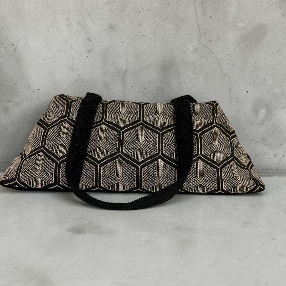 Geometric Jacquard Woven Structured Shoulder Bag with Black Chenille Trim